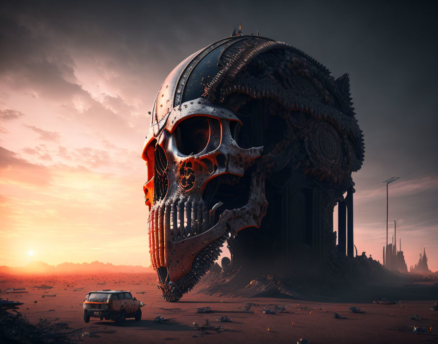 Gigantic skull-shaped structure in dystopian desert with car at sunset