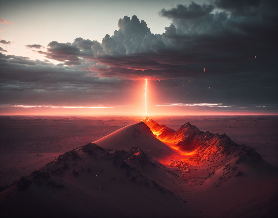 Fiery lava stream during dramatic volcanic eruption