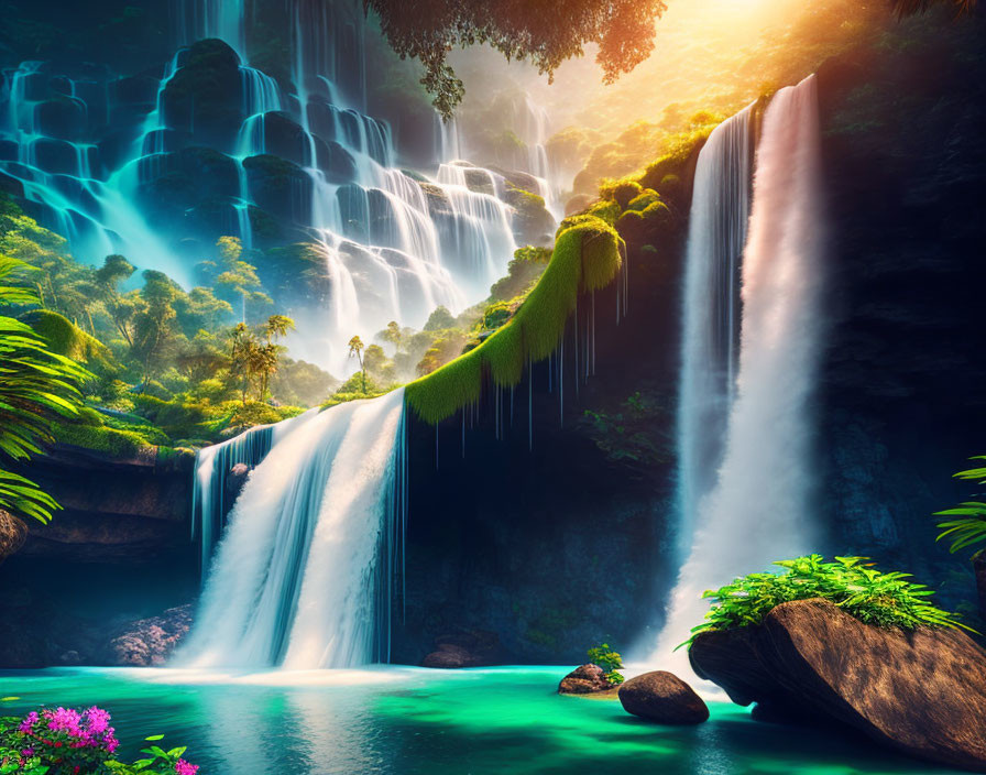 Scenic waterfall cascading into tranquil river surrounded by lush greenery