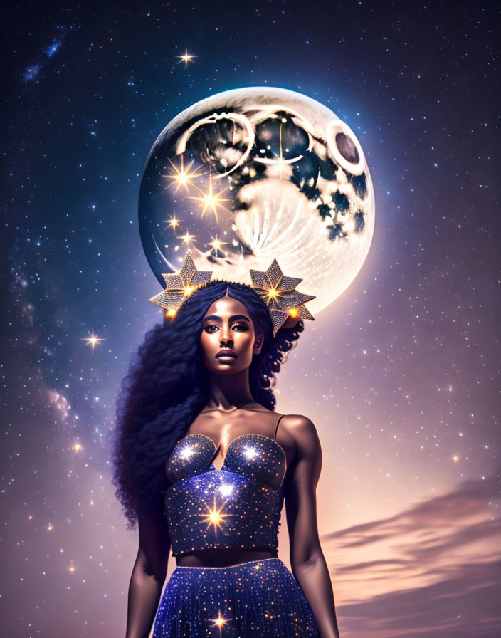 Radiant woman with starry headpiece in cosmic setting