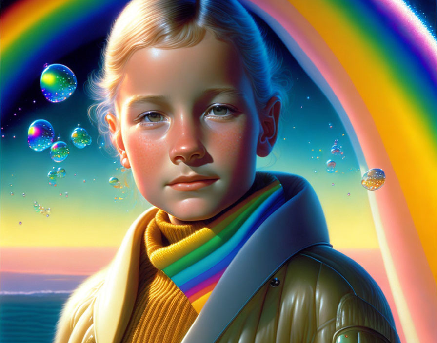 Young person with blond hair in rainbow scarf and green jacket, digital painting with bubbles and rainbow.