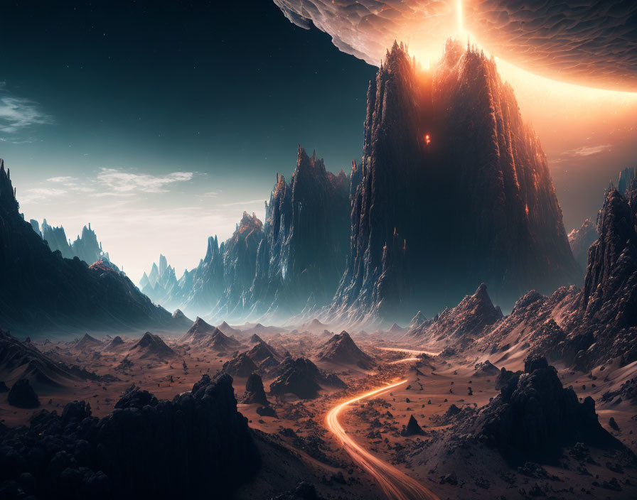 Sci-fi landscape with towering rocky spires and massive planet in sky.