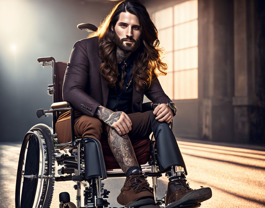 Long-haired man in wheelchair with tattoos, stylishly dressed, in sunlit room