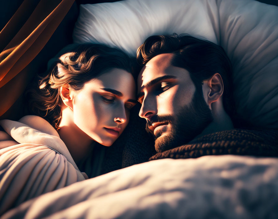 Intimate couple sleeping with foreheads touching in warm, dimly lit setting