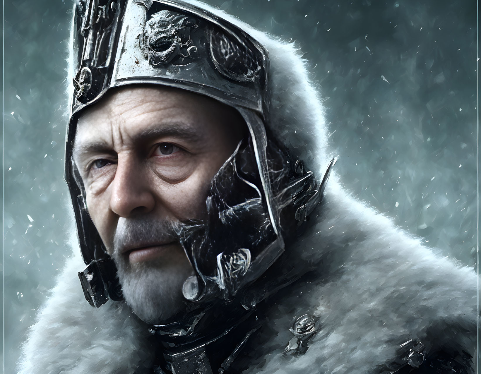 Bearded man in medieval helmet with cracked visor on snowy backdrop