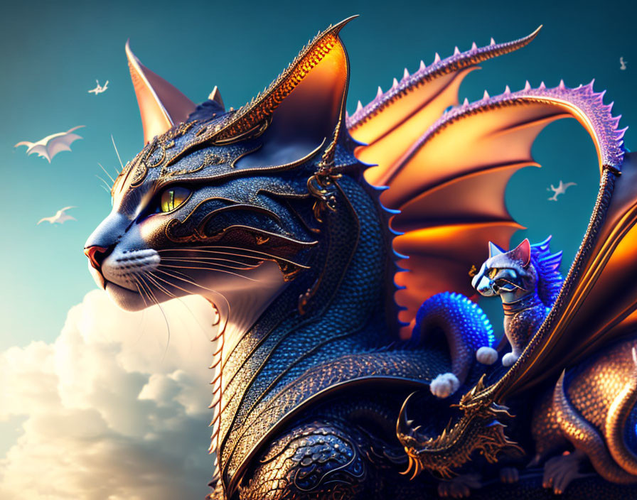 Majestic dragon with feline features and orange wings in fantasy art