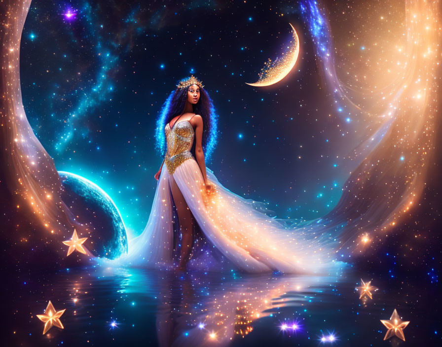 Mystical woman in ethereal gown among cosmic backdrop