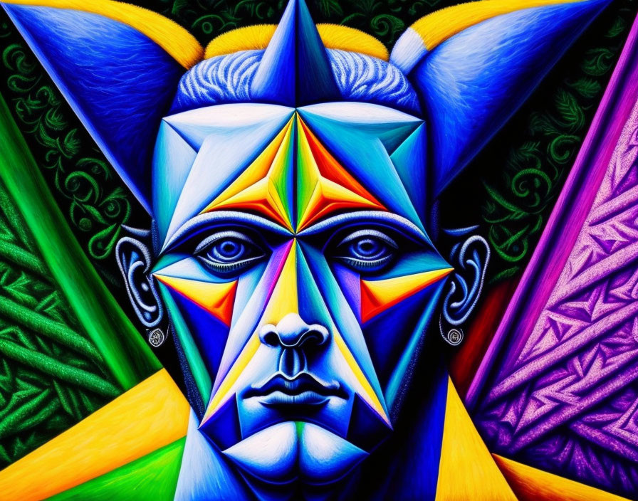 Colorful geometric painting of symmetrical face with patterns