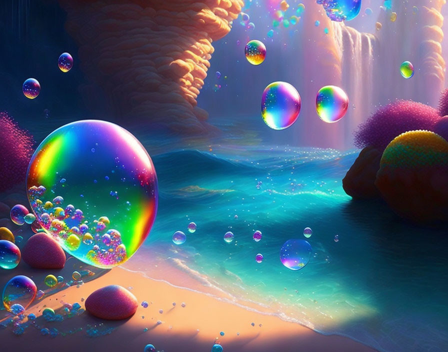 Colorful Landscape with Iridescent Bubbles and Water Cascade