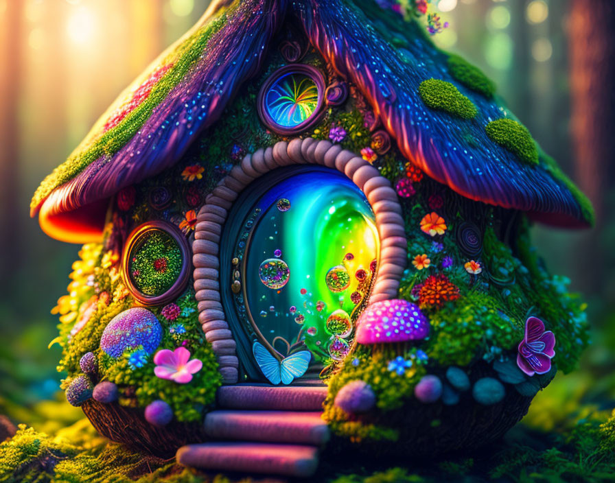 Whimsical mushroom house in enchanted forest with glowing door