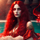 Red-haired woman in white bathtub with red liquid and intense gaze