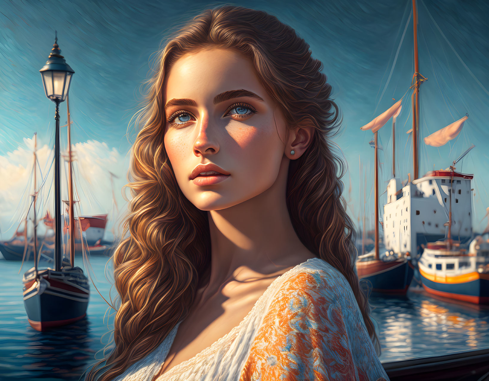 Young woman with wavy hair and blue eyes in nautical setting