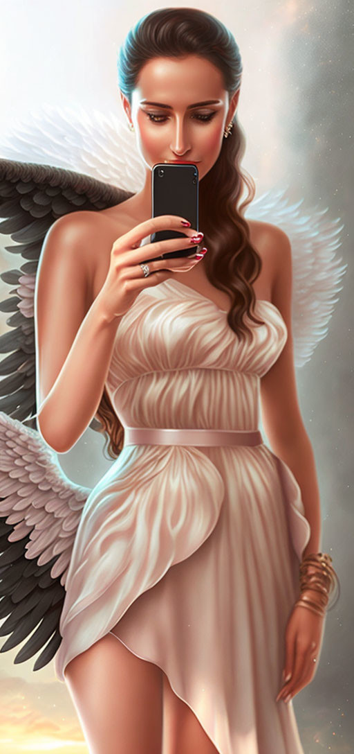 Angel-winged woman in white dress taking a selfie