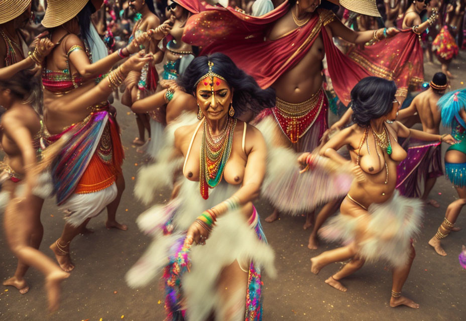 Colorful Dance Celebration with Elaborate Costumes and Body Paint