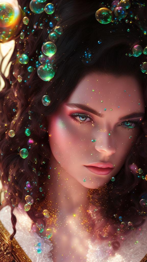 Woman with shimmering bubbles in curly hair and sparkling particles on face.