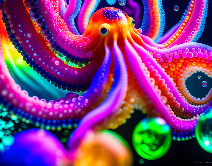 Colorful Octopus Artwork with Neon Tentacles and Bubbles