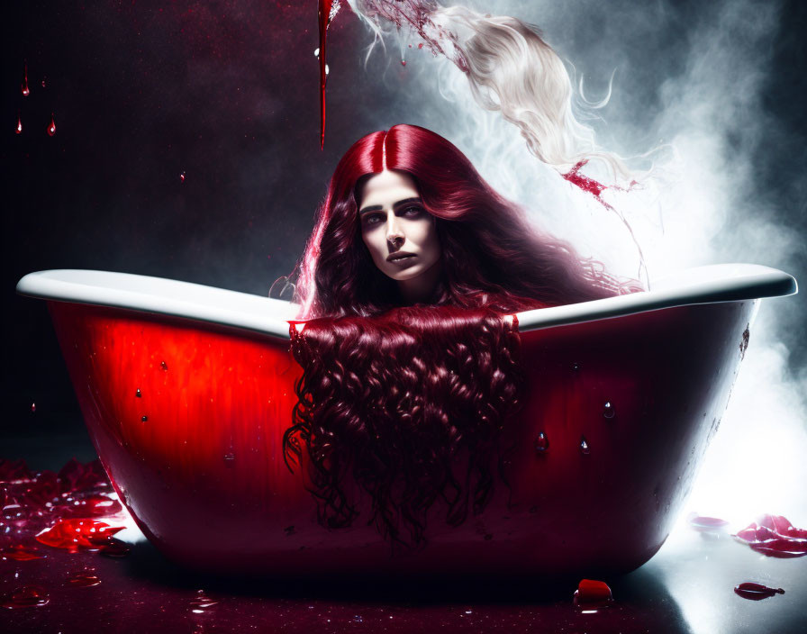 Red-haired woman in bathtub with red liquid, smoke, and petals for mysterious ambiance.