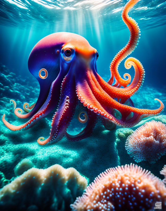 Colorful Octopus Swimming in Clear Ocean with Coral Seabed