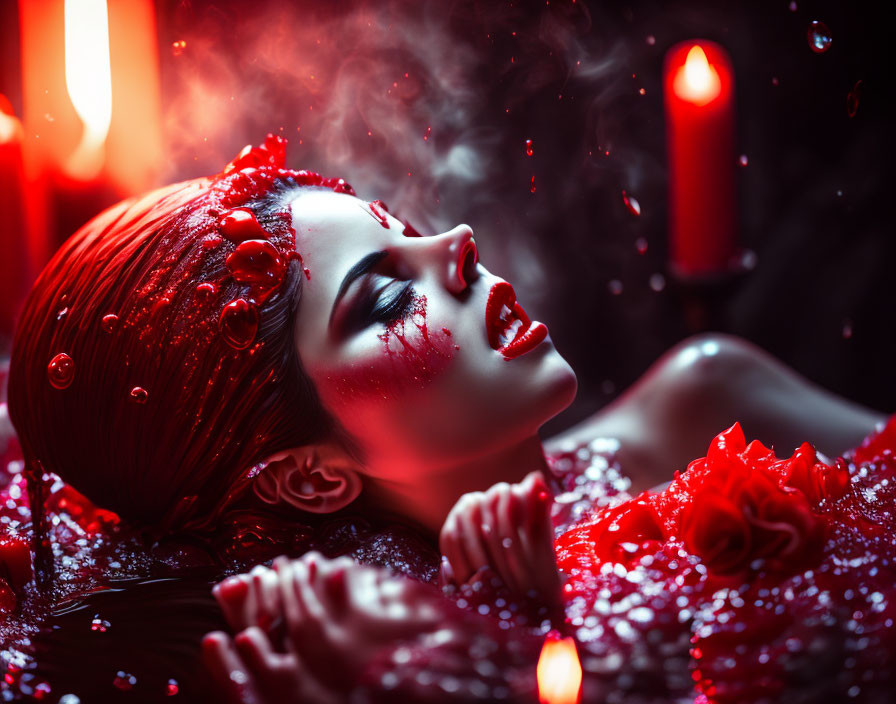 Woman with Dramatic Red Makeup Surrounded by Roses and Candles