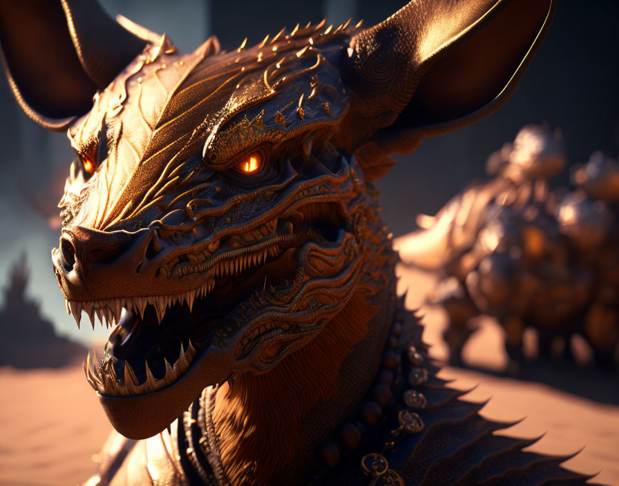 Detailed 3D Rendering of Golden Dragon with Glowing Red Eyes