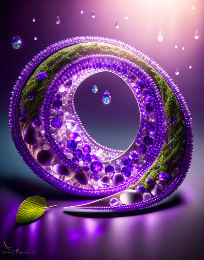 Colorful digital artwork with swirling structure and gemstones on reflective surface