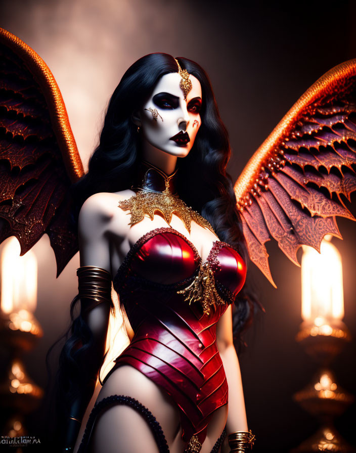 Dark-haired female figure with bat-like wings and dramatic makeup in red corset against candlelit backdrop