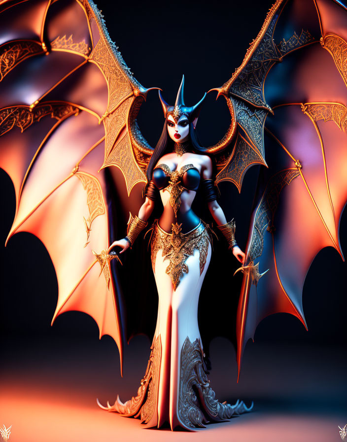 Fantasy female character with bat-like wings and horned headdress in dark armor on moody background