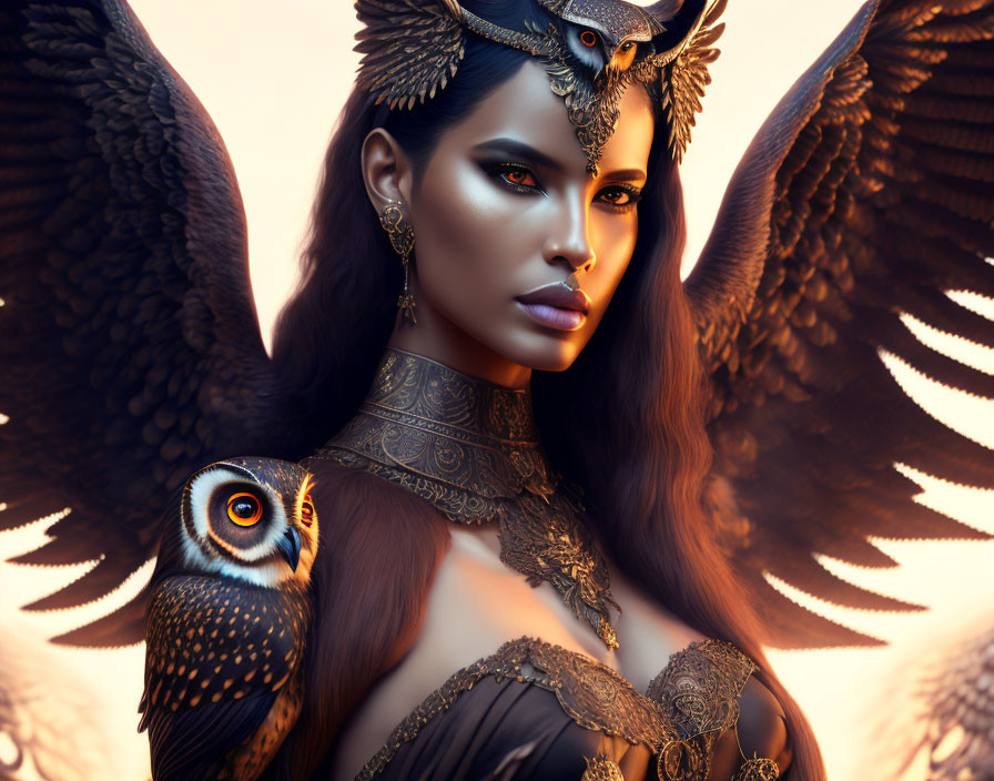 Fantasy illustration: Woman with owl in brown and golden hues, majestic wings, warm backdrop