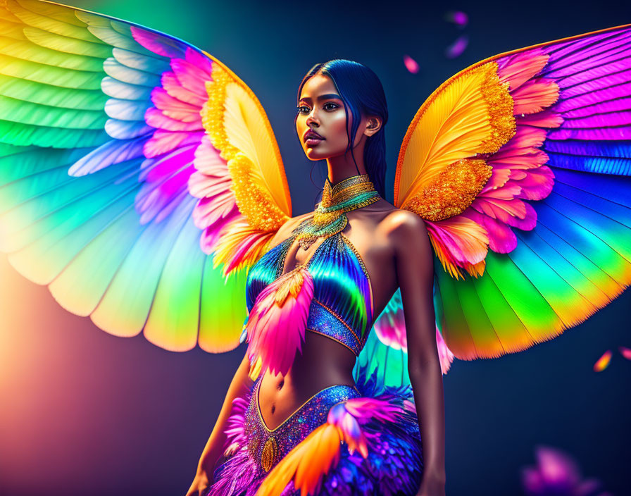 Colorful Butterfly-Winged Woman in Intense Portrait