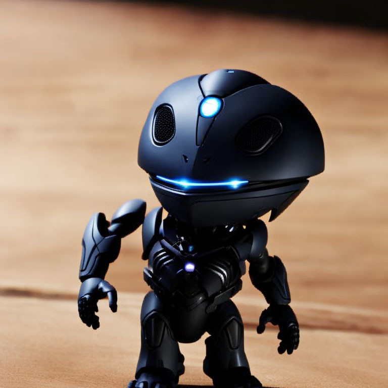 Small Black Robot Toy Figure with Blue Luminous Accents on Wooden Surface