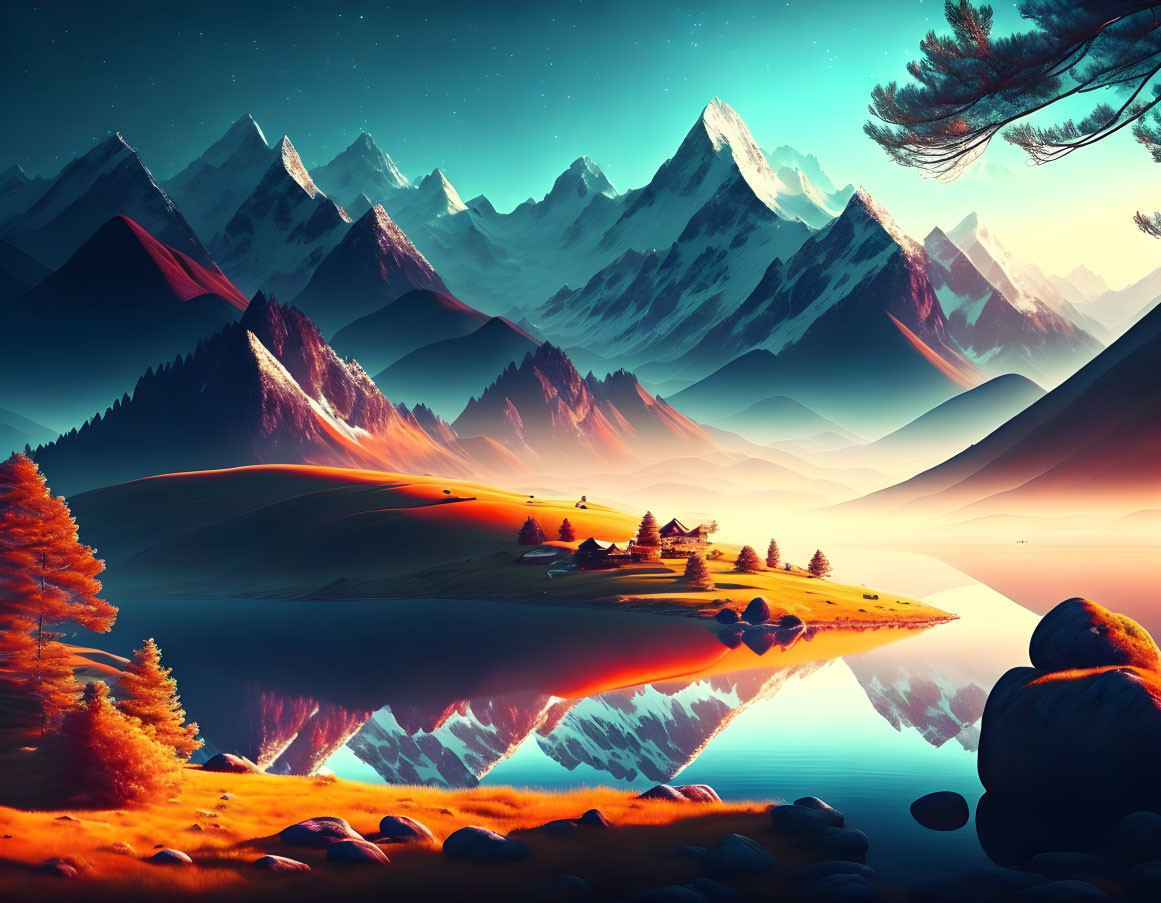 Sharp snowy mountains, reflective lake, autumn trees - vibrant digital landscape.