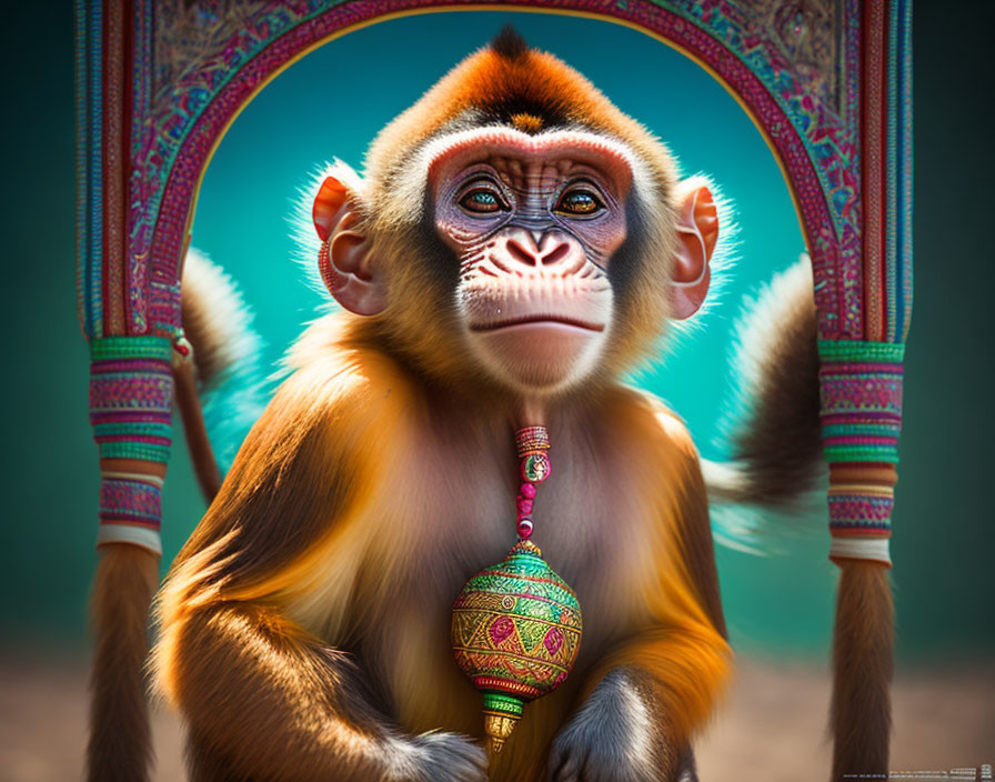 Colorful digital artwork: stylized monkey with human-like eyes holding ornate flask against decorative archway