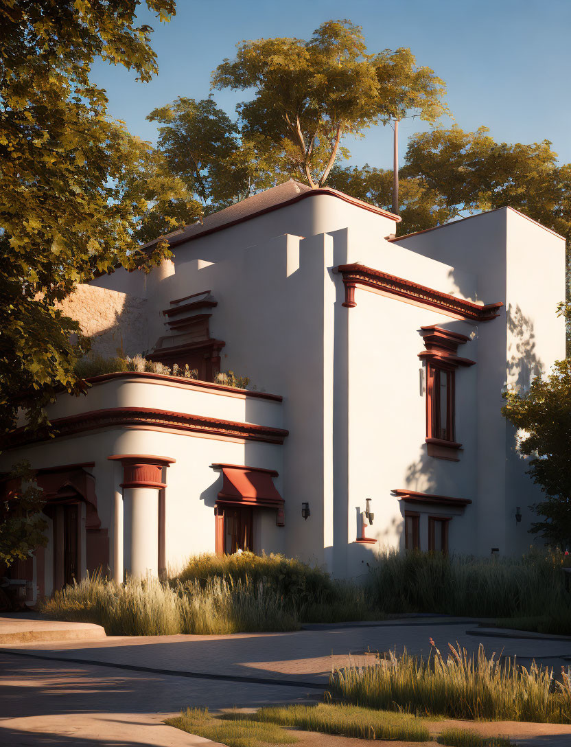 Modern two-story house with stucco walls and red-trimmed windows in serene setting