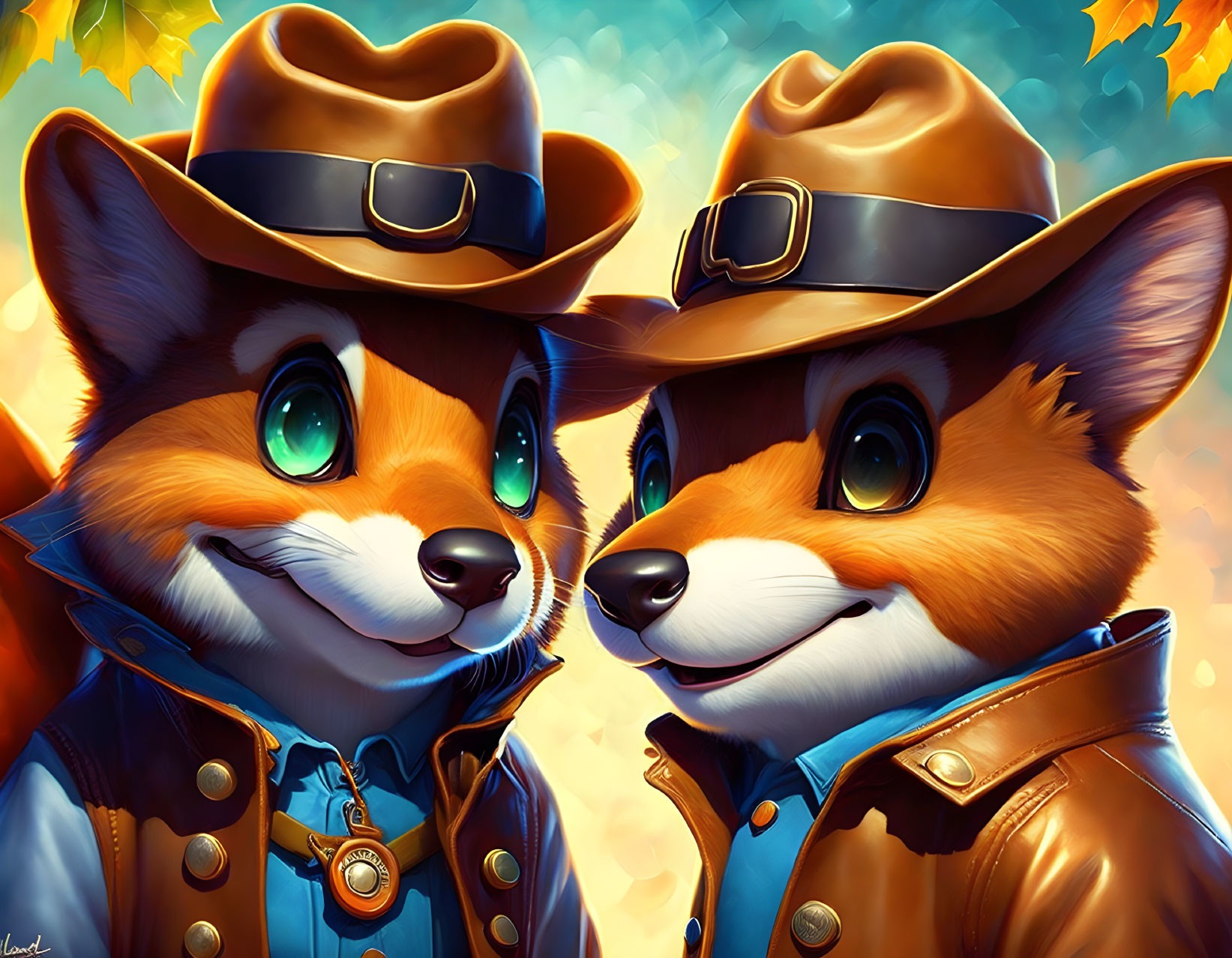 Anthropomorphic Fox Characters in Cowboy Attire with Blue Eyes amid Autumn Leaves