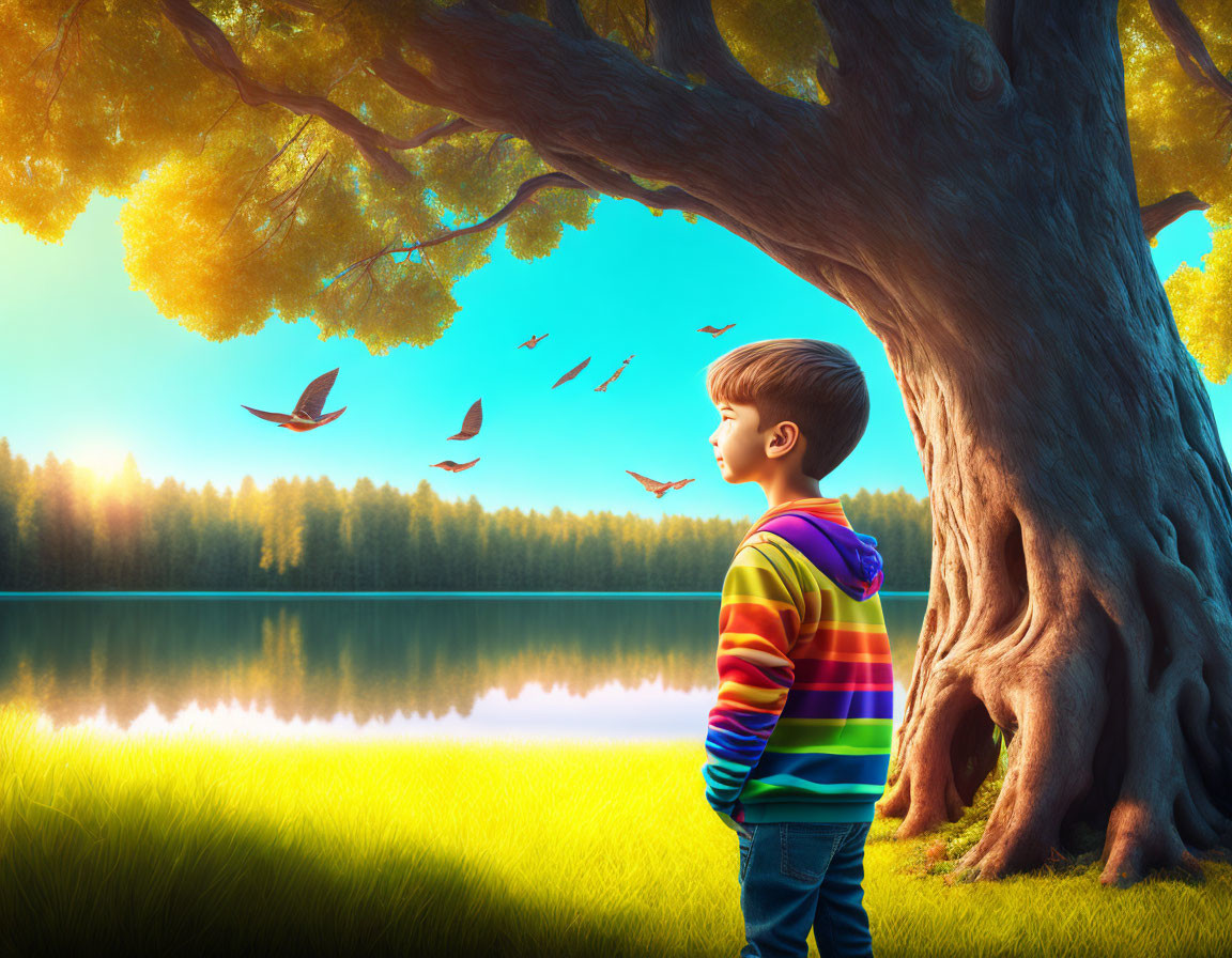 Boy in Colorful Striped Shirt Observing Birds at Serene Lake