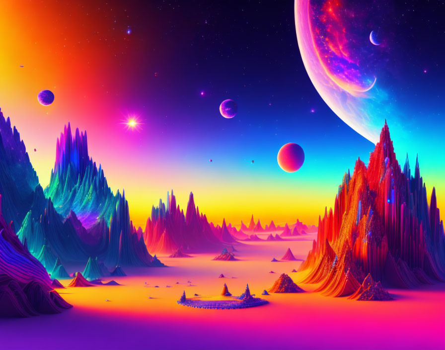 Colorful cosmic landscape with mountains, planets, starry sky, and radiant nebula