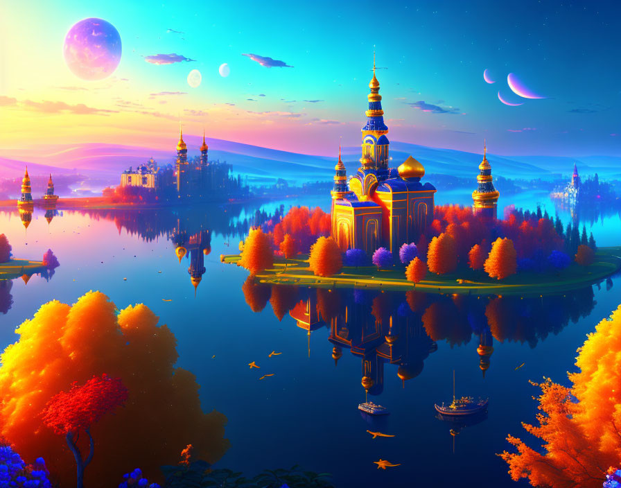 Luminous fantasy landscape at dusk with vibrant elements