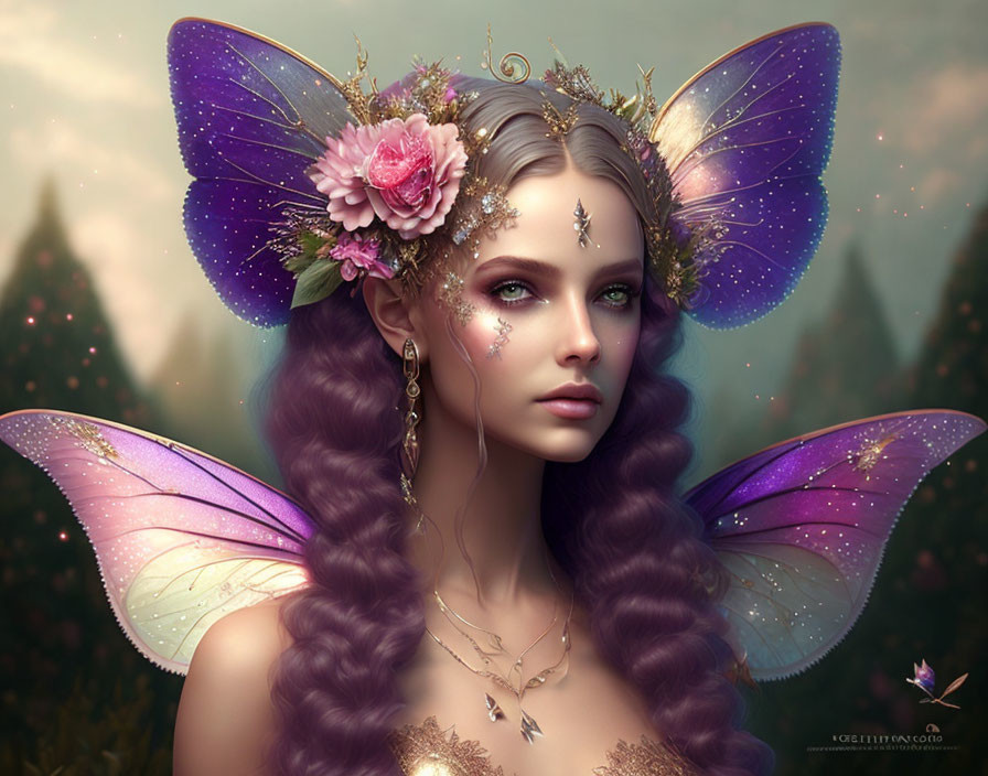 Fantasy digital artwork of a female character with purple hair and butterfly wings in a forest.