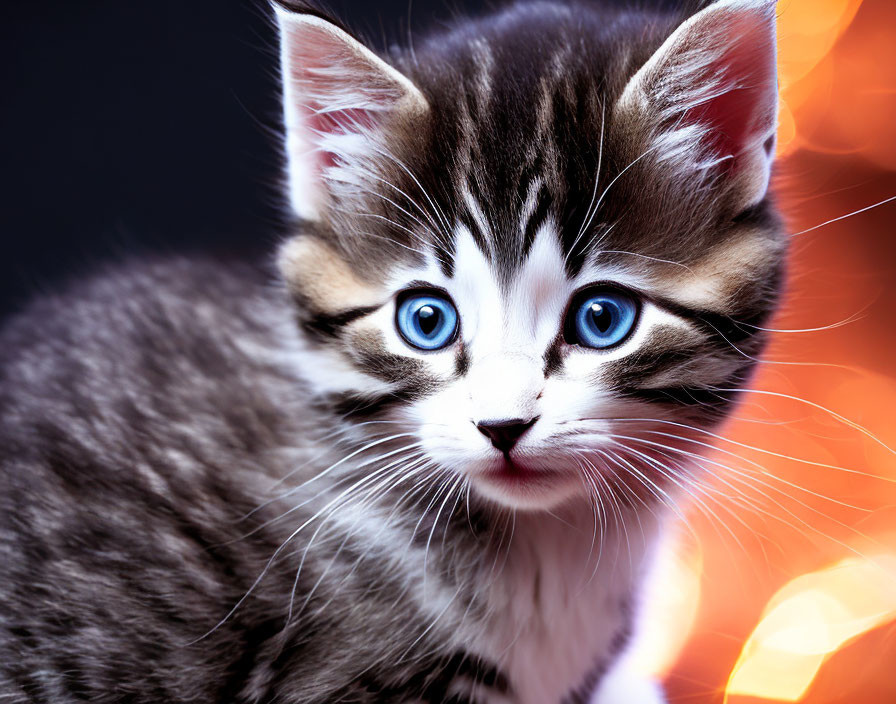 Grey kitten with blue eyes and white patterns on blurred blue-orange backdrop