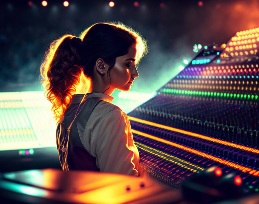 Woman with Ponytail under Colorful Stage Lights and Bokeh Background