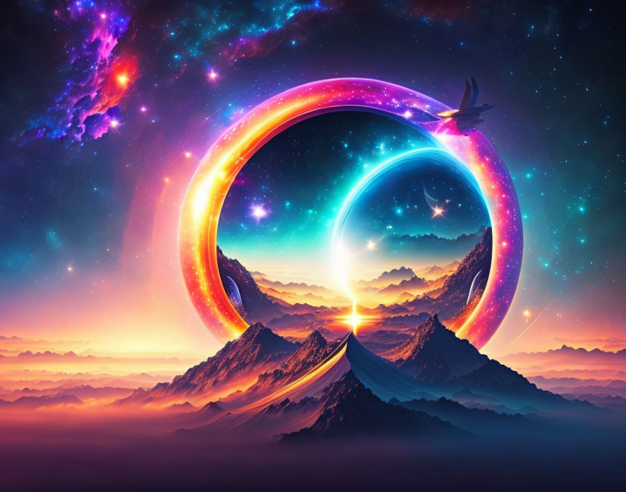 Surreal cosmic ring over mountain landscape with bird in flight