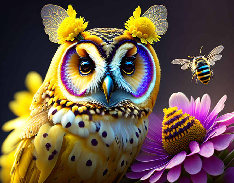 Vibrant owl illustration with floral patterns and bee on dark background