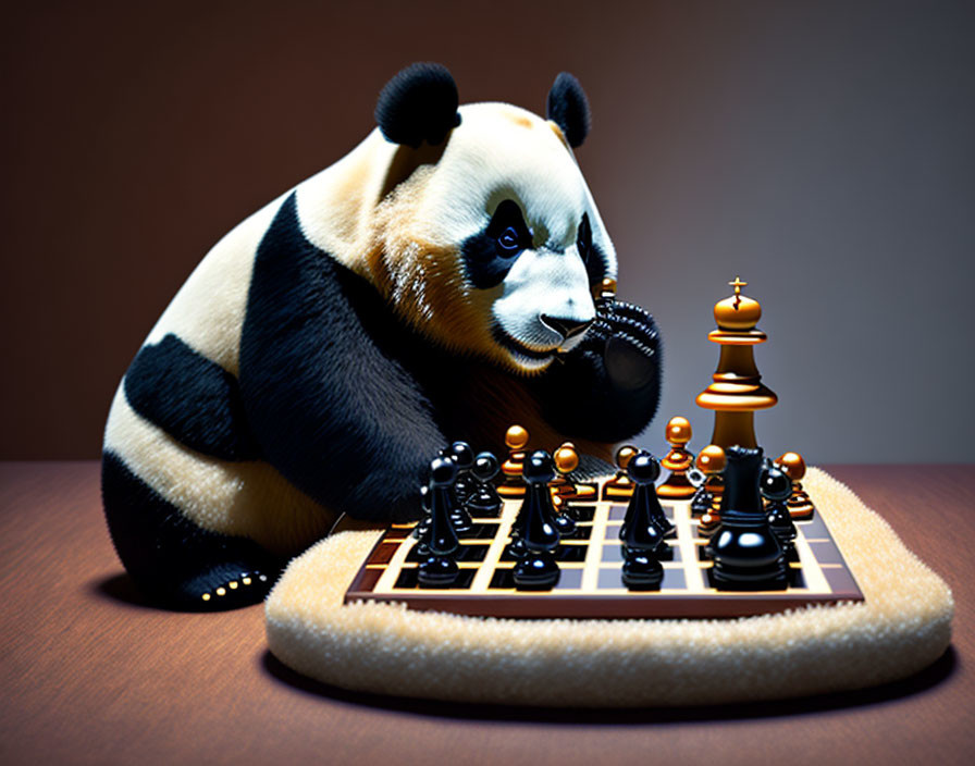 Panda bear playing chess in whimsical setting