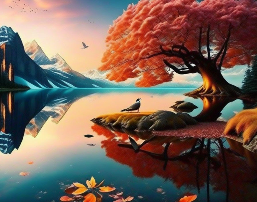 Colorful landscape with pink tree, lake, mountains, and birds in surreal setting