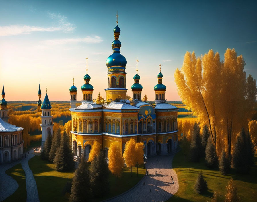 Orthodox church with blue domes in golden sunlight among autumn trees