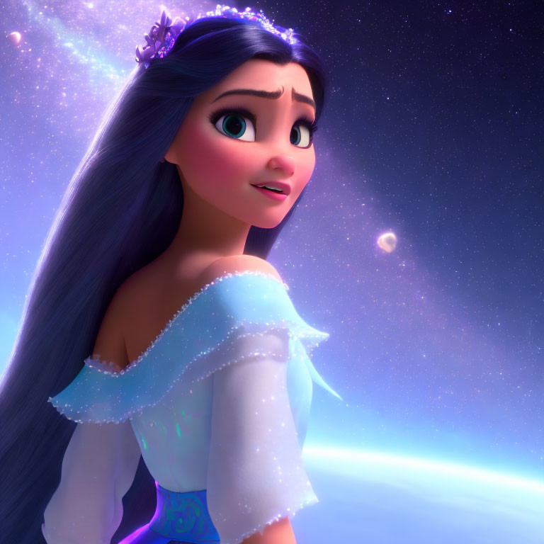 Long-haired female character in blue dress on starlit backdrop