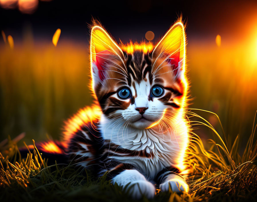 Strikingly marked kitten in field at golden sunset