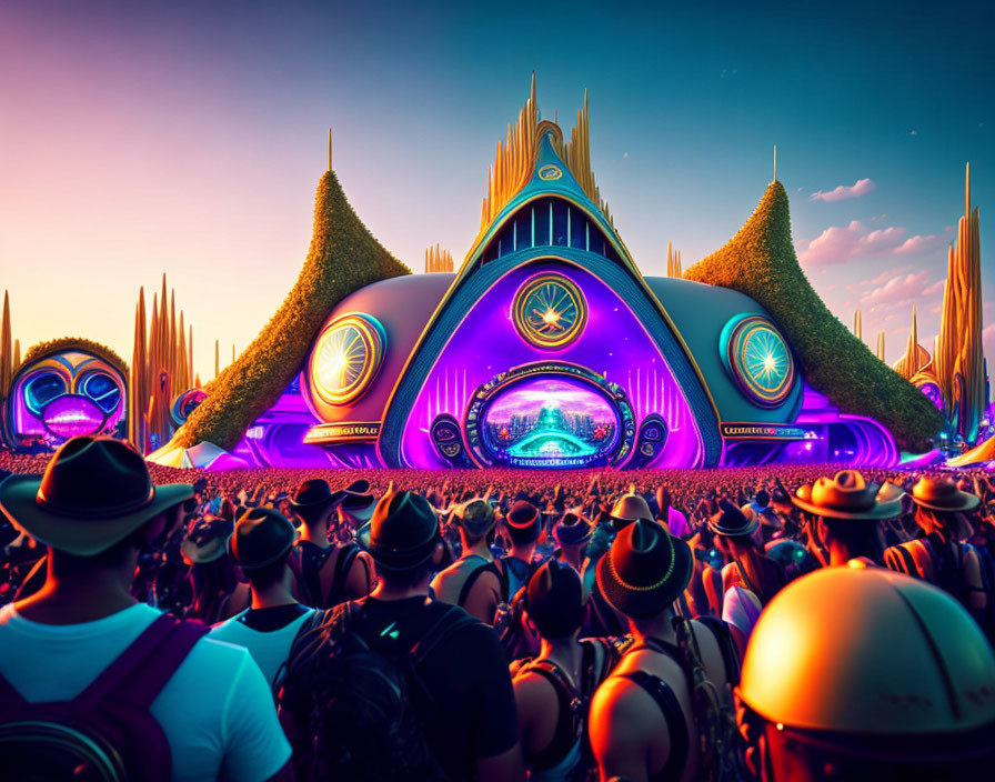 Colorful music festival with futuristic stage and tree-like structures