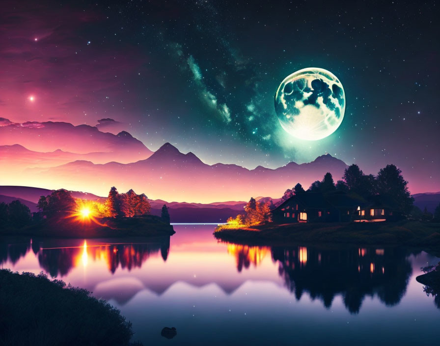 Majestic twilight landscape with full moon, stars, galaxy, mountain range, lake, and house