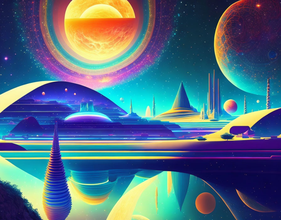 Futuristic sci-fi landscape with colorful planets and star-filled sky